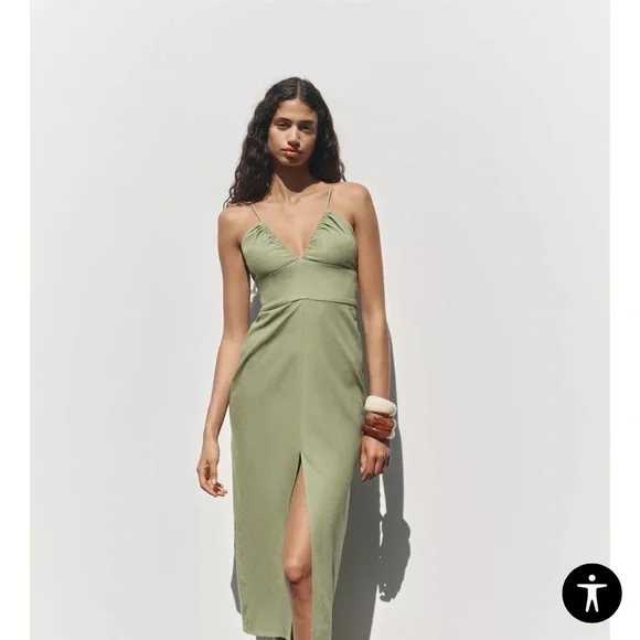 Zara Olive Green Linen Dress Strappy - Picture 6 of 10